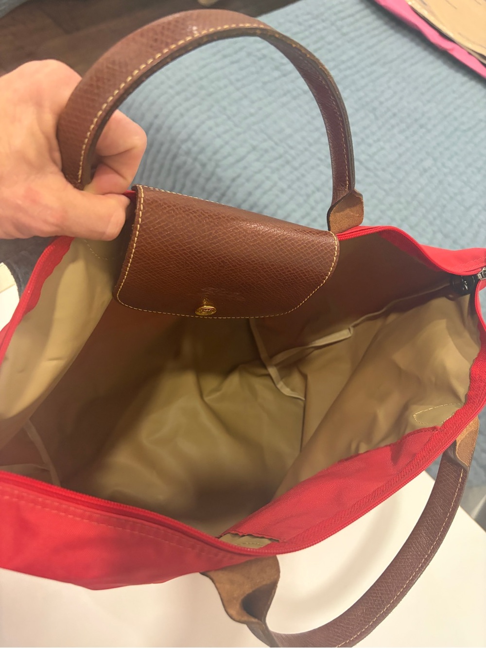 Longchamp Le Pliage Red Nylon Tote Bag with Brown Leather Trim Handle - Picture 5 of 13